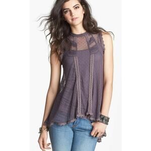 Free People Pewter Gray Sheer Mesh Stretch Lace Fiona Sleeveless Top Size M